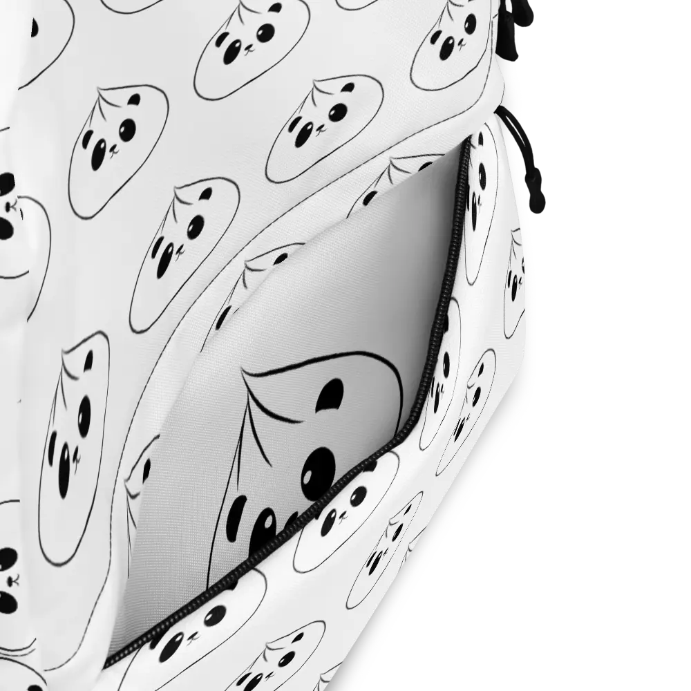 Close-up view of a white backpack featuring a repeating panda dumpling design. The open pocket reveals the interior lining, which features a single cute panda dumpling printed on the inside. The zipper is partially open, showing the detailed craftsmanship and playful, minimalist design of the bag.