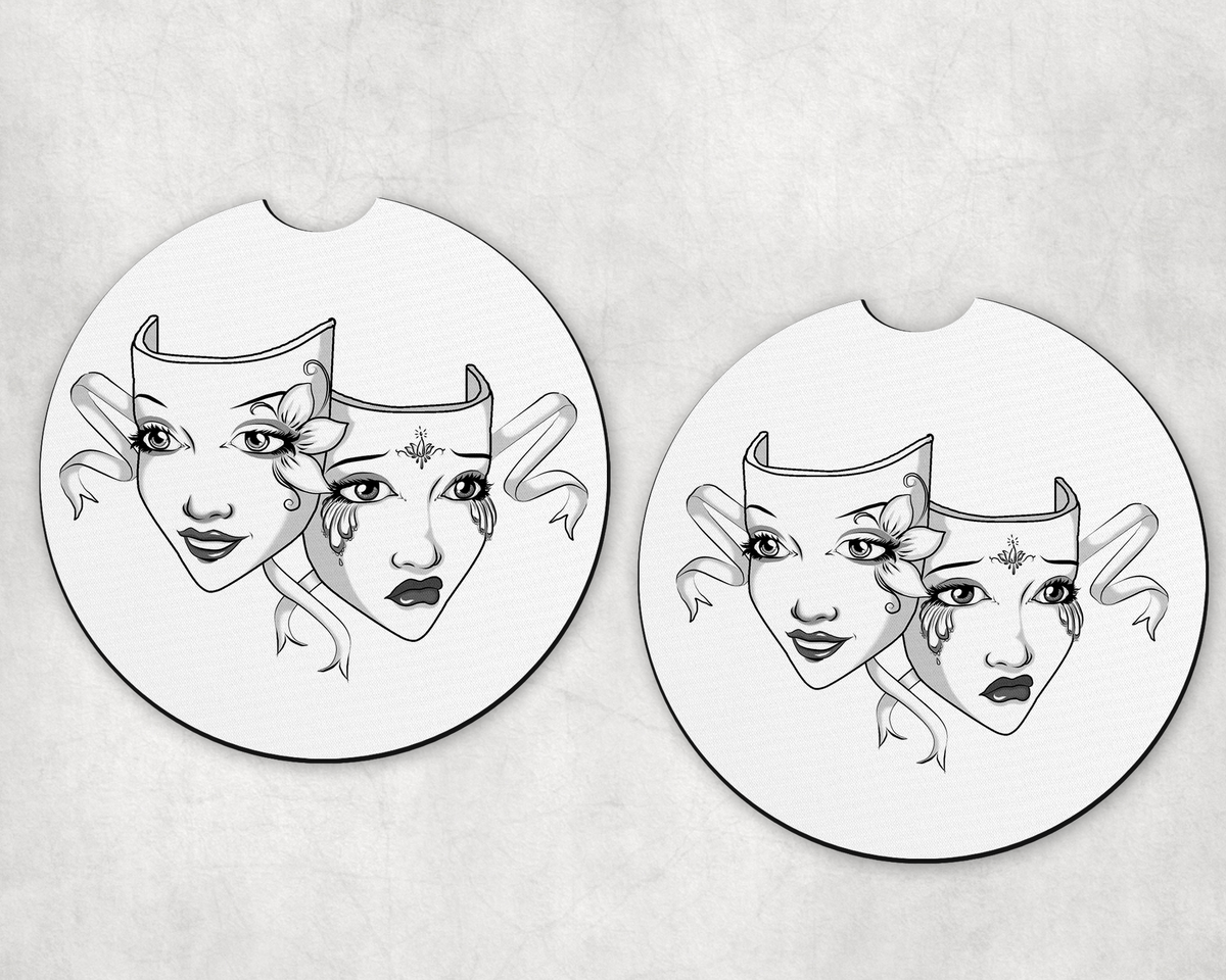 Unique Comedy Tragedy Mask Design Car Coasters - A Touch of Broadway and Hollywood in Your Vehicle
