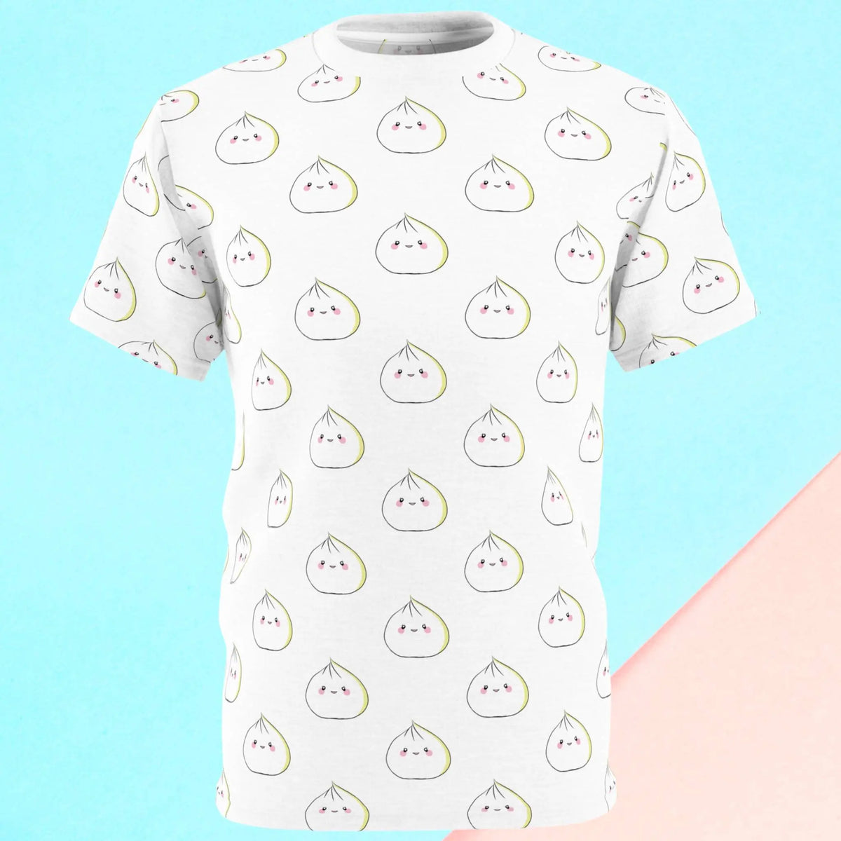 A white t-shirt with an all-over print design of adorable sweet dumplings with blushing cheeks, adding a touch of sweetness and charm.