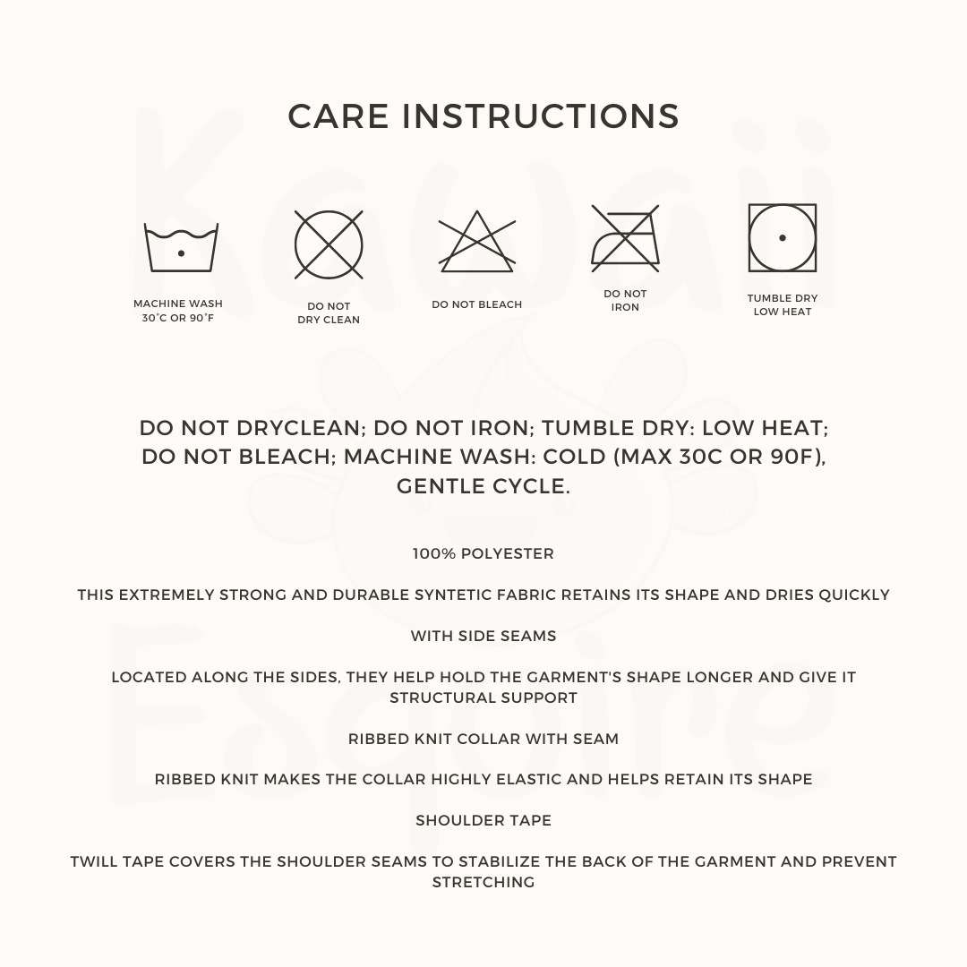 The image displays care instructions for a t-shirt. The instructions are as follows:  Machine wash at 30°C or 90°F. Do not dry clean. Do not bleach. Do not iron. Tumble dry at low heat. Additionally, the care instructions provide more details:  Do not dry clean; do not iron; tumble dry at low heat; do not bleach; machine wash cold (maximum 30°C or 90°F), gentle cycle.