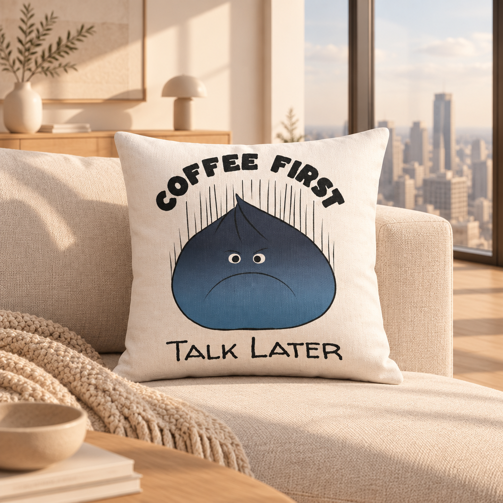 Coffee First Talk Later grumpy blue dumpling cotton throw pillow on a neutral sofa
