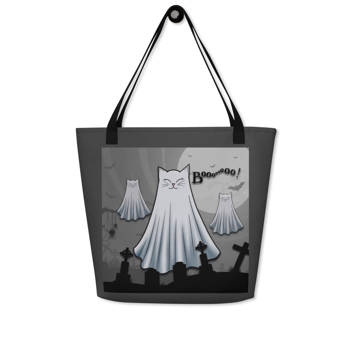 Smiling ghost cats floating over a graveyard Halloween beach bag 