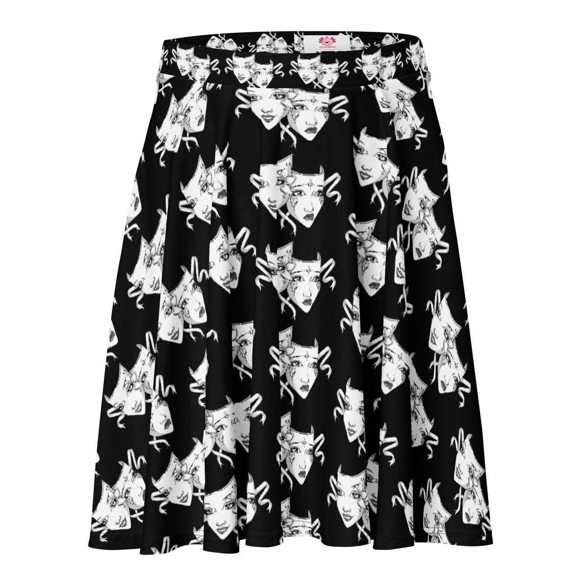 Full front view of skater skirt with expressive black and white print of comedy and tragedy masks. Includes visible Kawaii Esquire brand tag on the inner waistband for added authenticity.