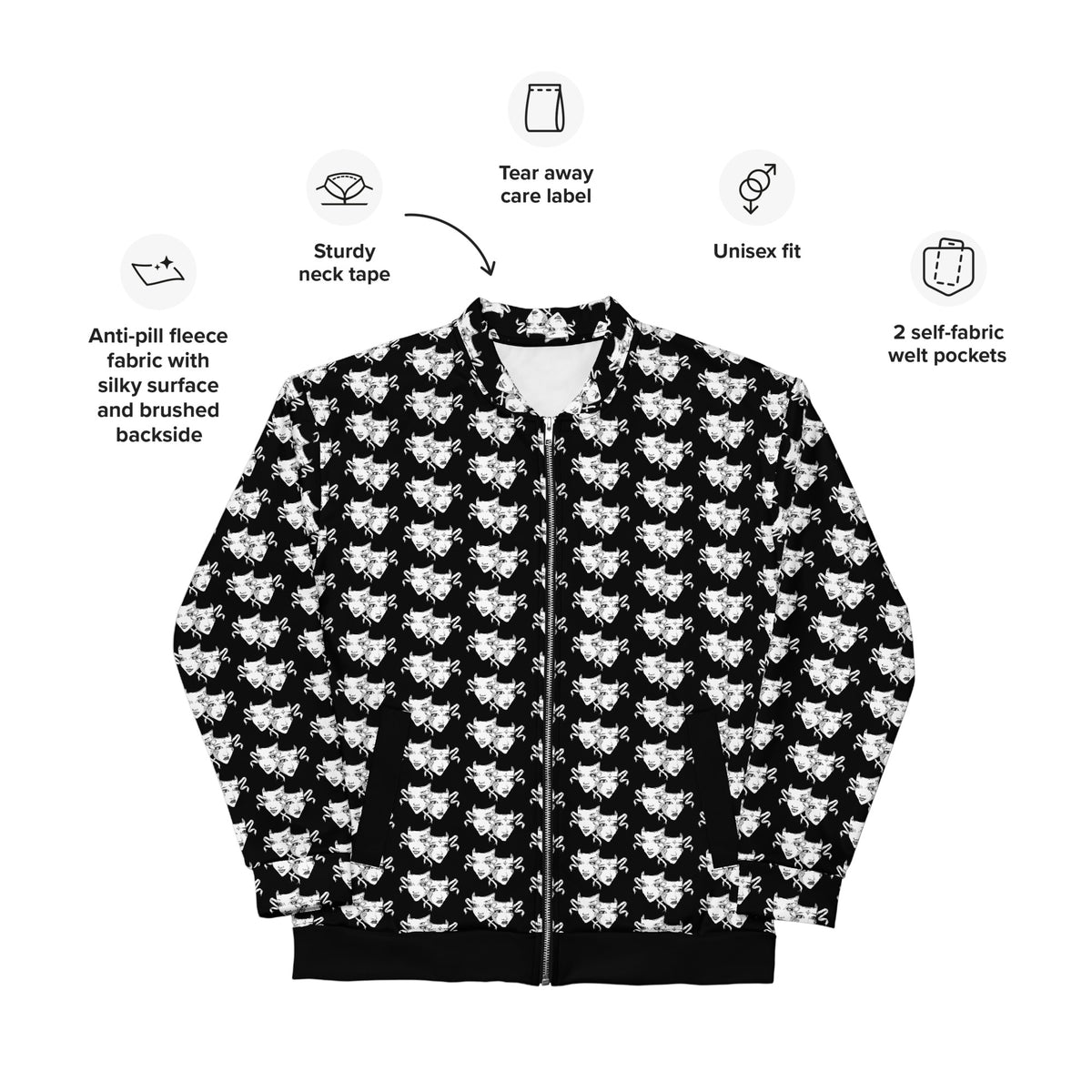 Black unisex bomber jacket with an all-over white comedy and tragedy masks, gothic theatrical aesthetic.