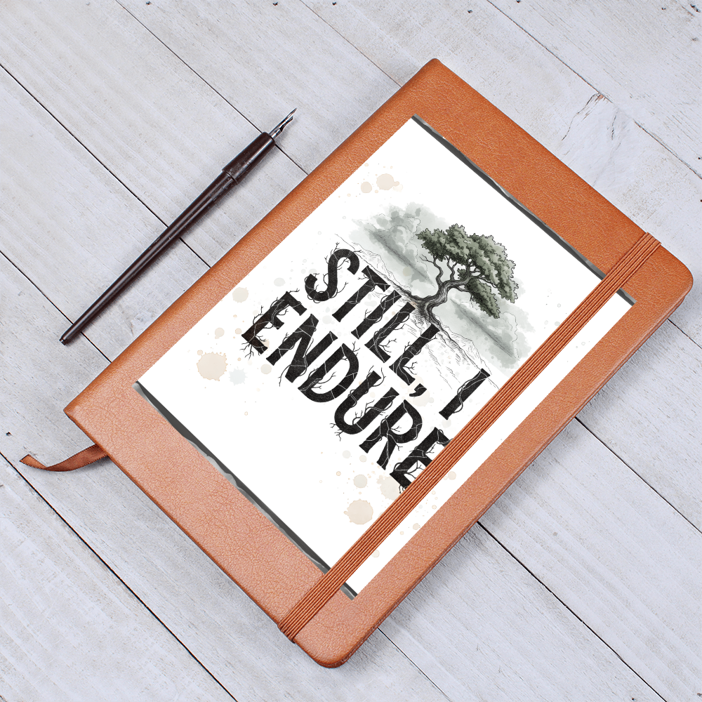 “Still, I Endure” vegan leather journal with tree artwork on the cover, featuring black typography and inspirational roots design, resting on a brown faux leather notebook with elastic band and ribbon bookmark.