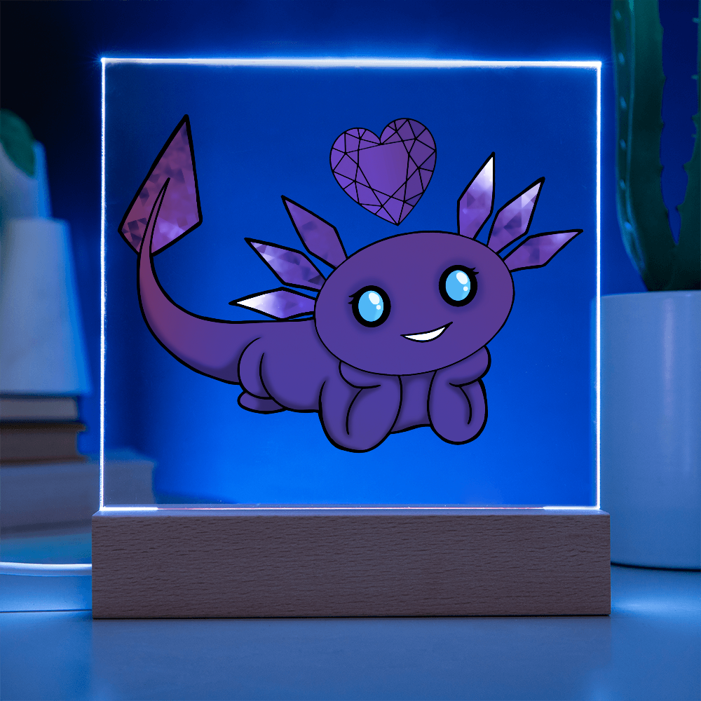 Red axolotl birthstone acrylic LED light illuminated with blue lighting