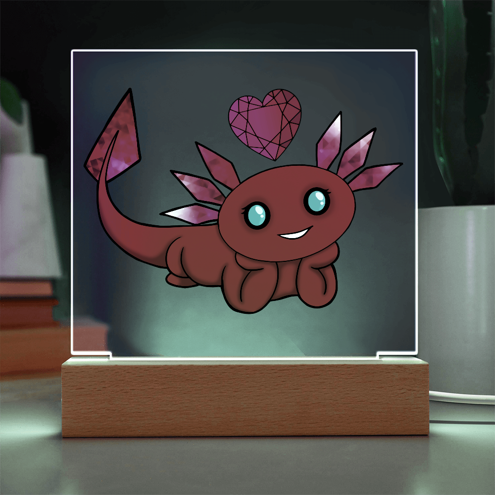 January birthstone axolotl acrylic plaque illuminated with soft white LED light