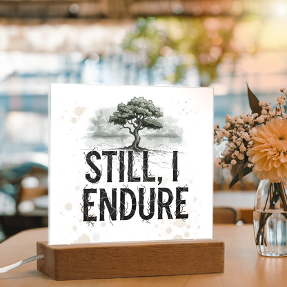 Still, I Endure Inspirational Tree Acrylic Plaque with LED Base – Uplifting Home Decor Gift