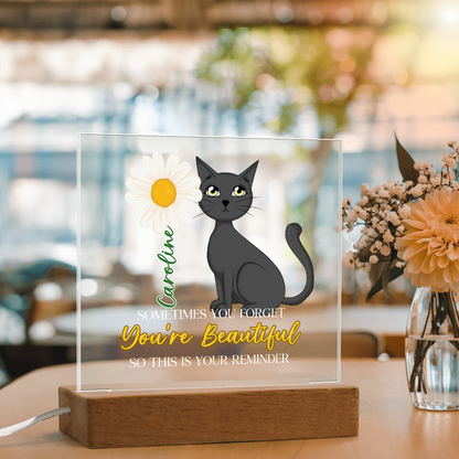 Custom Name Gift Affirmation LED Acrylic Plaque – “You're Beautiful” Cat Lover Gift, Inspirational Light Decor