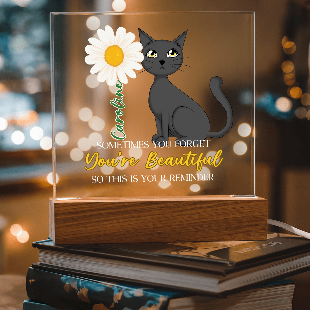 Custom Name Gift Affirmation LED Acrylic Plaque – “You're Beautiful” Cat Lover Gift, Inspirational Light Decor