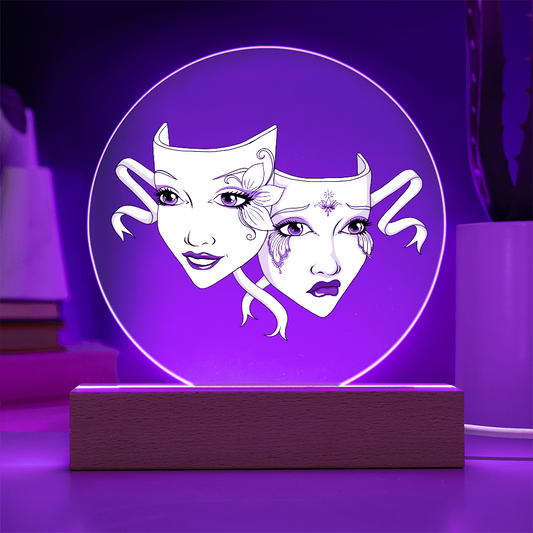 Printed Circle Acrylic Plaque – Drama Mask Design – LED Light Base