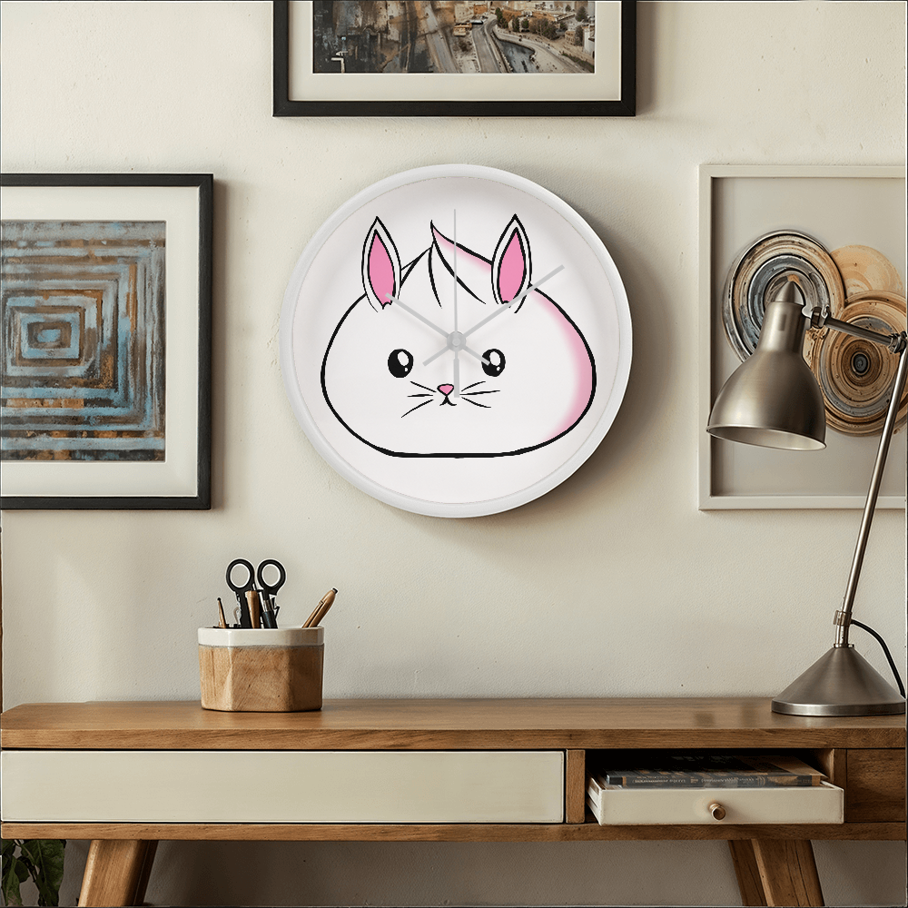Kawaii Bunny Dumpling Wall Clock – 10” Wood Frame Cute Animal Home Decor