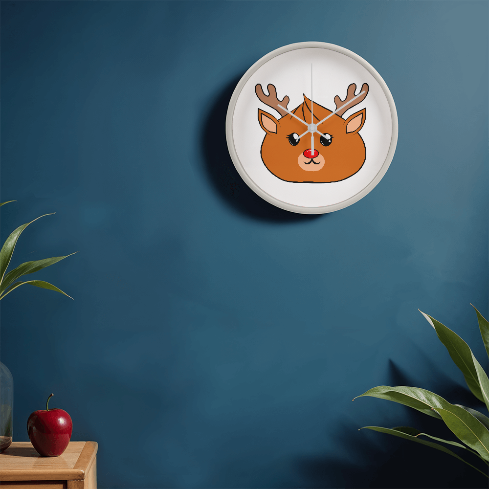 Kawaii Reindeer Dumpling Wall Clock – 10” Holiday Wood Frame Clock with Red-Nosed Reindeer Face, Cute Christmas Decor for Kids or Animal Lovers