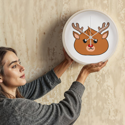 Kawaii Reindeer Dumpling Wall Clock – 10” Holiday Wood Frame Clock with Red-Nosed Reindeer Face, Cute Christmas Decor for Kids or Animal Lovers