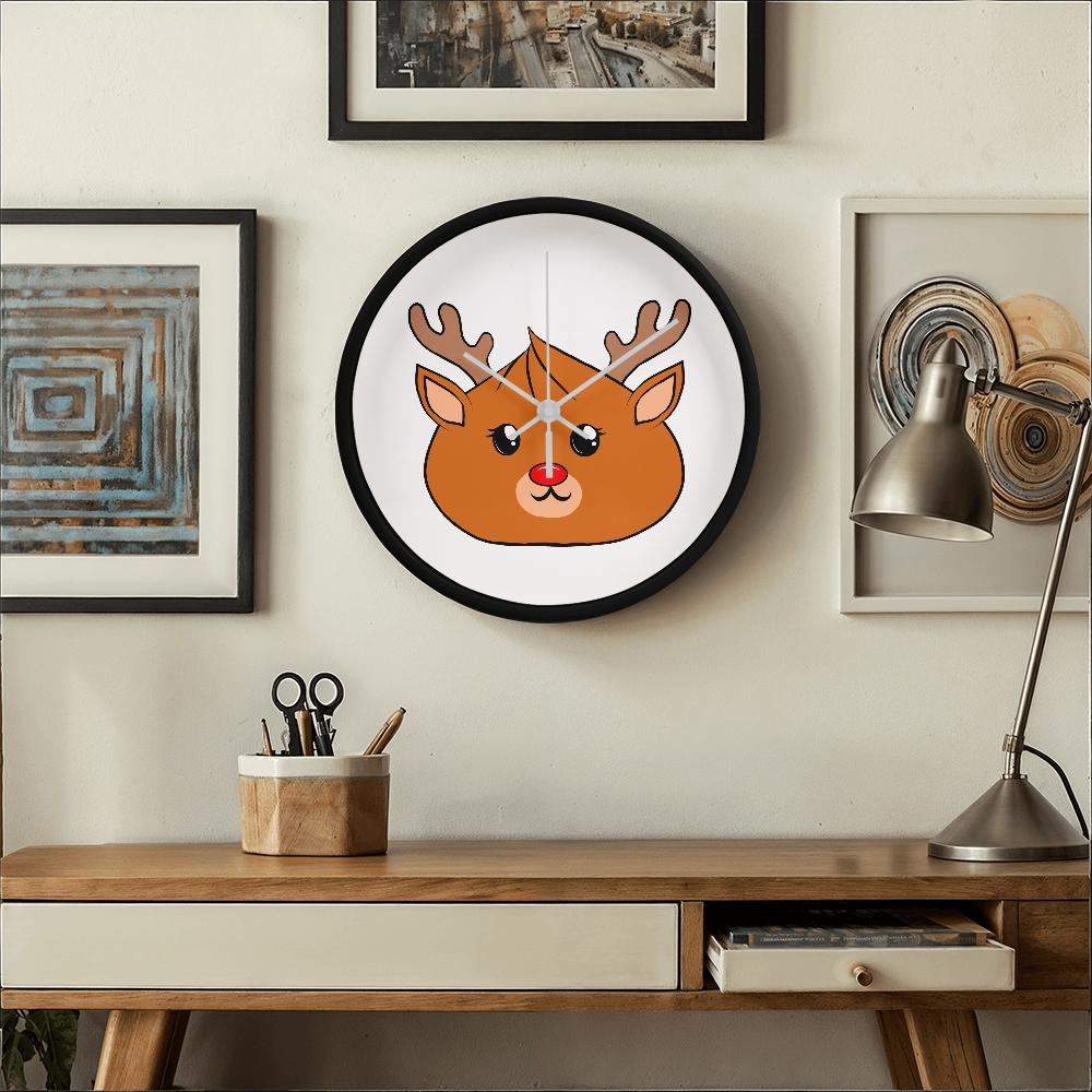 Kawaii Reindeer Dumpling Wall Clock – 10” Holiday Wood Frame Clock with Red-Nosed Reindeer Face, Cute Christmas Decor for Kids or Animal Lovers