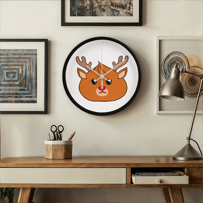 Kawaii Reindeer Dumpling Wall Clock – 10” Holiday Wood Frame Clock with Red-Nosed Reindeer Face, Cute Christmas Decor for Kids or Animal Lovers