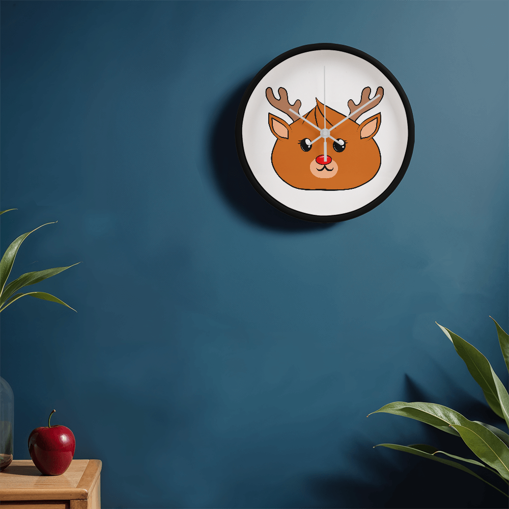 Kawaii Reindeer Dumpling Wall Clock – 10” Holiday Wood Frame Clock with Red-Nosed Reindeer Face, Cute Christmas Decor for Kids or Animal Lovers
