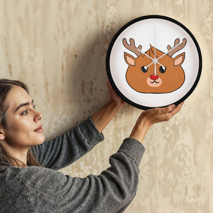 Kawaii Reindeer Dumpling Wall Clock – 10” Holiday Wood Frame Clock with Red-Nosed Reindeer Face, Cute Christmas Decor for Kids or Animal Lovers