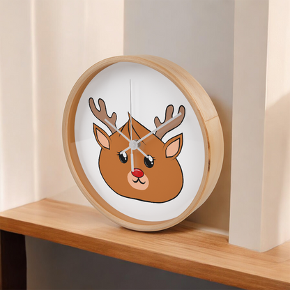 Kawaii Reindeer Dumpling Wall Clock – 10” Holiday Wood Frame Clock with Red-Nosed Reindeer Face, Cute Christmas Decor for Kids or Animal Lovers