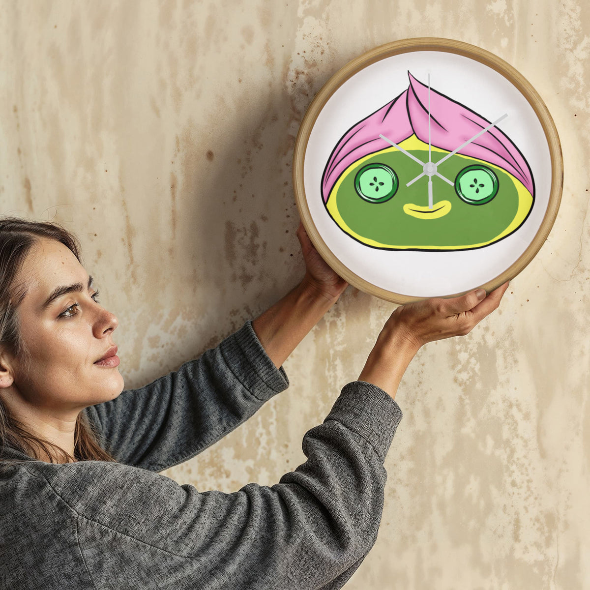Spa Face Clock – 10” Relaxing Kawaii Dumpling Clock with Cucumber Eyes | Cute Self-Care Decor