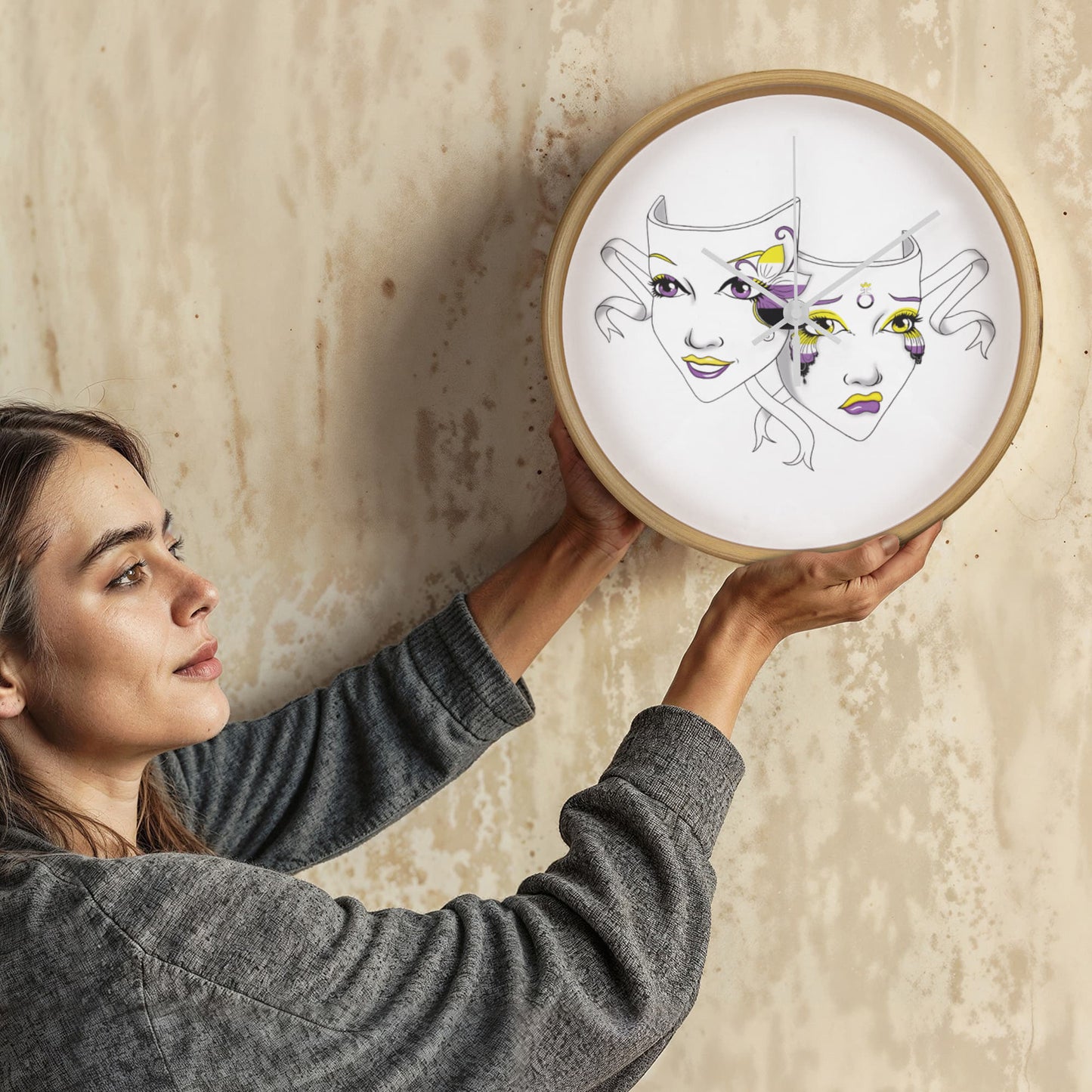Non-Binary Pride Comedy Tragedy Theatre Mask Wall Clock