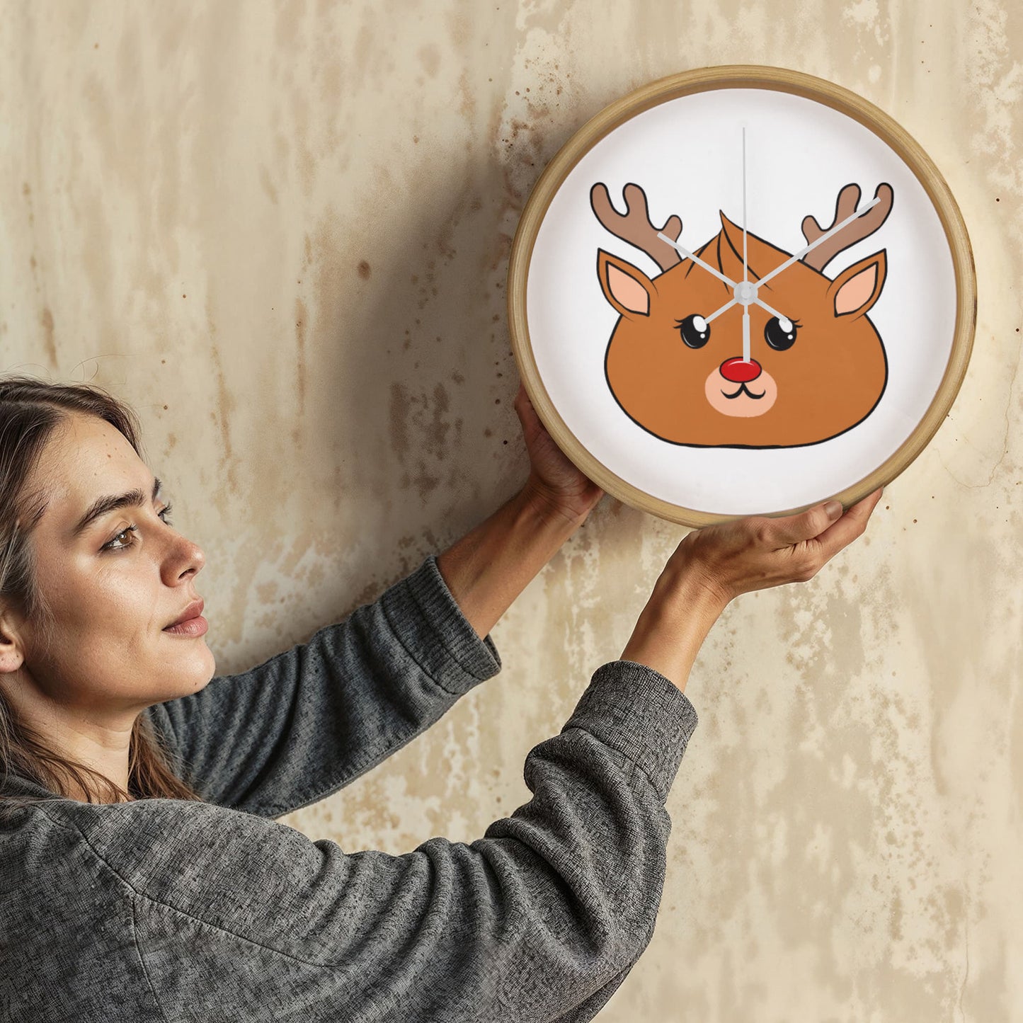 Kawaii Reindeer Dumpling Wall Clock – 10” Holiday Wood Frame Clock with Red-Nosed Reindeer Face, Cute Christmas Decor for Kids or Animal Lovers
