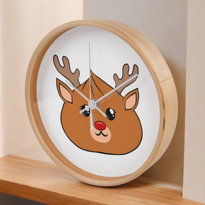 Kawaii Reindeer Dumpling Wall Clock – 10” Holiday Wood Frame Clock with Red-Nosed Reindeer Face, Cute Christmas Decor for Kids or Animal Lovers