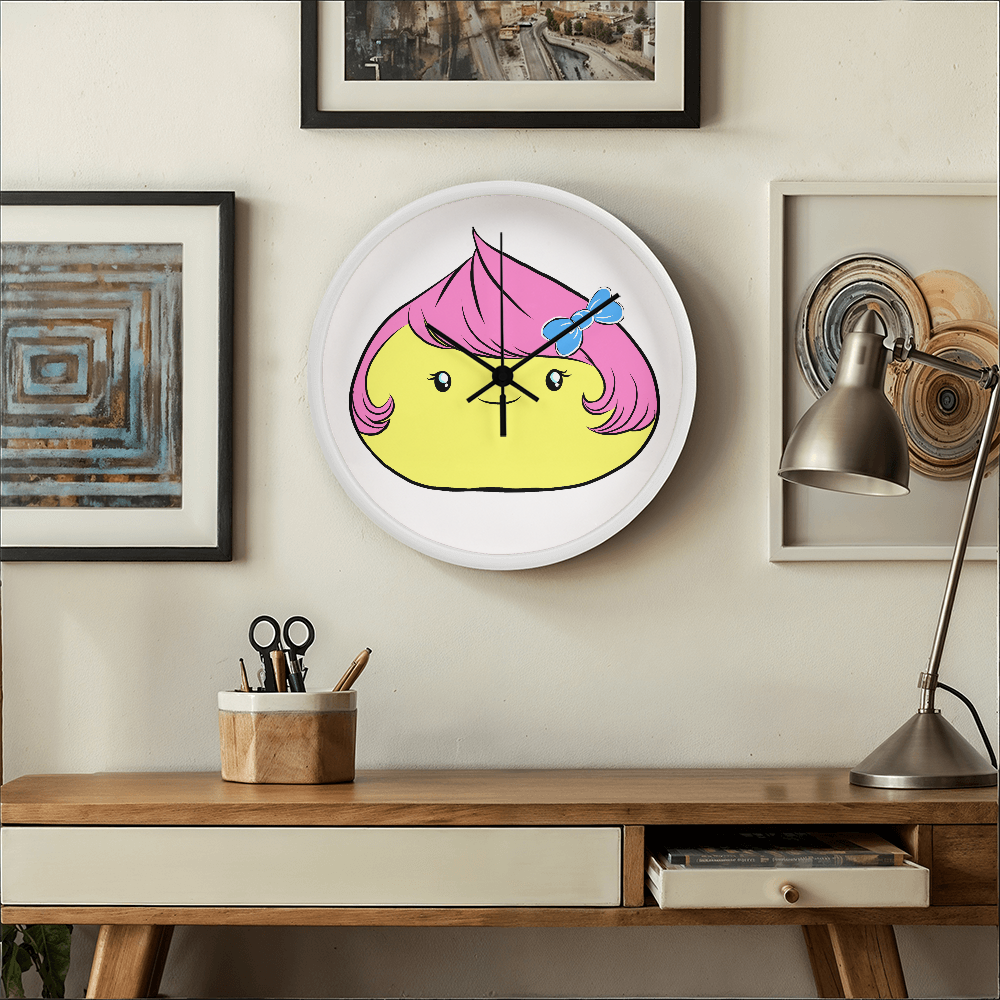Cute Dumpling Clock – 10” Cute Yellow Wall Clock with Pink Hair & Blue Bow