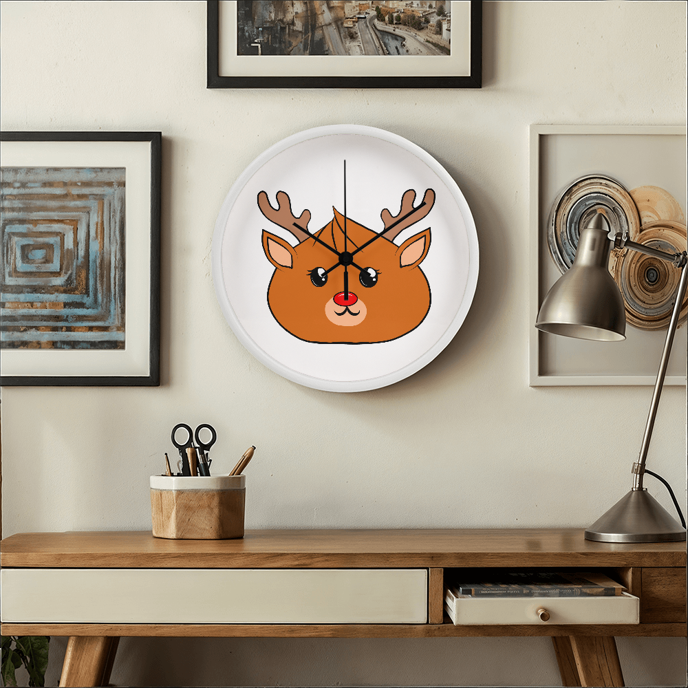 Kawaii Reindeer Dumpling Wall Clock – 10” Holiday Wood Frame Clock with Red-Nosed Reindeer Face, Cute Christmas Decor for Kids or Animal Lovers
