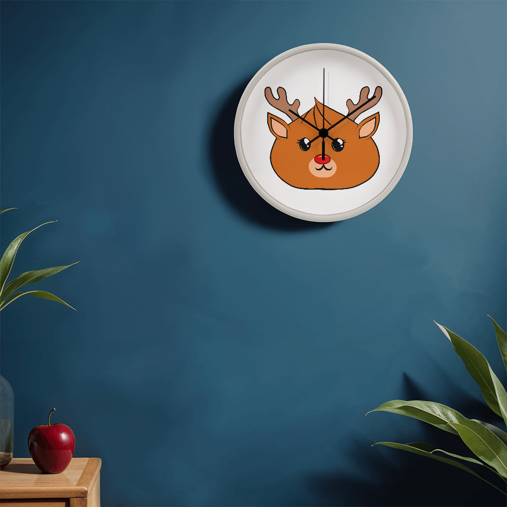 Kawaii Reindeer Dumpling Wall Clock – 10” Holiday Wood Frame Clock with Red-Nosed Reindeer Face, Cute Christmas Decor for Kids or Animal Lovers