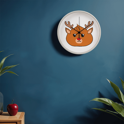 Kawaii Reindeer Dumpling Wall Clock – 10” Holiday Wood Frame Clock with Red-Nosed Reindeer Face, Cute Christmas Decor for Kids or Animal Lovers
