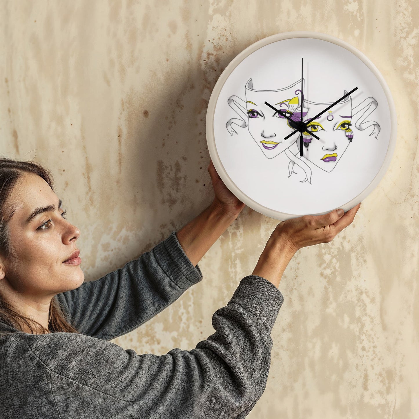 Non-Binary Pride Comedy Tragedy Theatre Mask Wall Clock