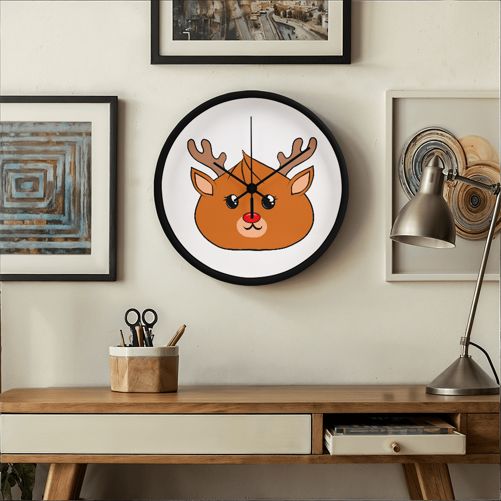 Kawaii Reindeer Dumpling Wall Clock – 10” Holiday Wood Frame Clock with Red-Nosed Reindeer Face, Cute Christmas Decor for Kids or Animal Lovers
