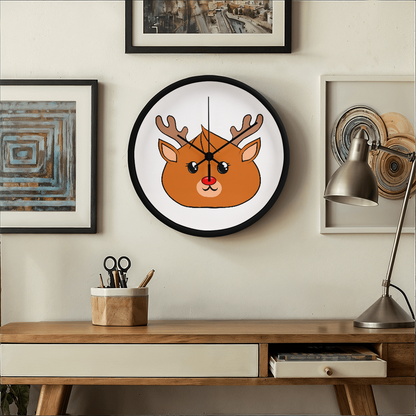 Kawaii Reindeer Dumpling Wall Clock – 10” Holiday Wood Frame Clock with Red-Nosed Reindeer Face, Cute Christmas Decor for Kids or Animal Lovers