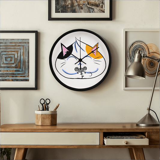 Kawaii Tabby Cat and Mouse Wall Clock – 10" Wood Frame, Calico Cat Hugging Plush Mouse, Cute Animal Decor for Kids' Rooms or Cat Lover