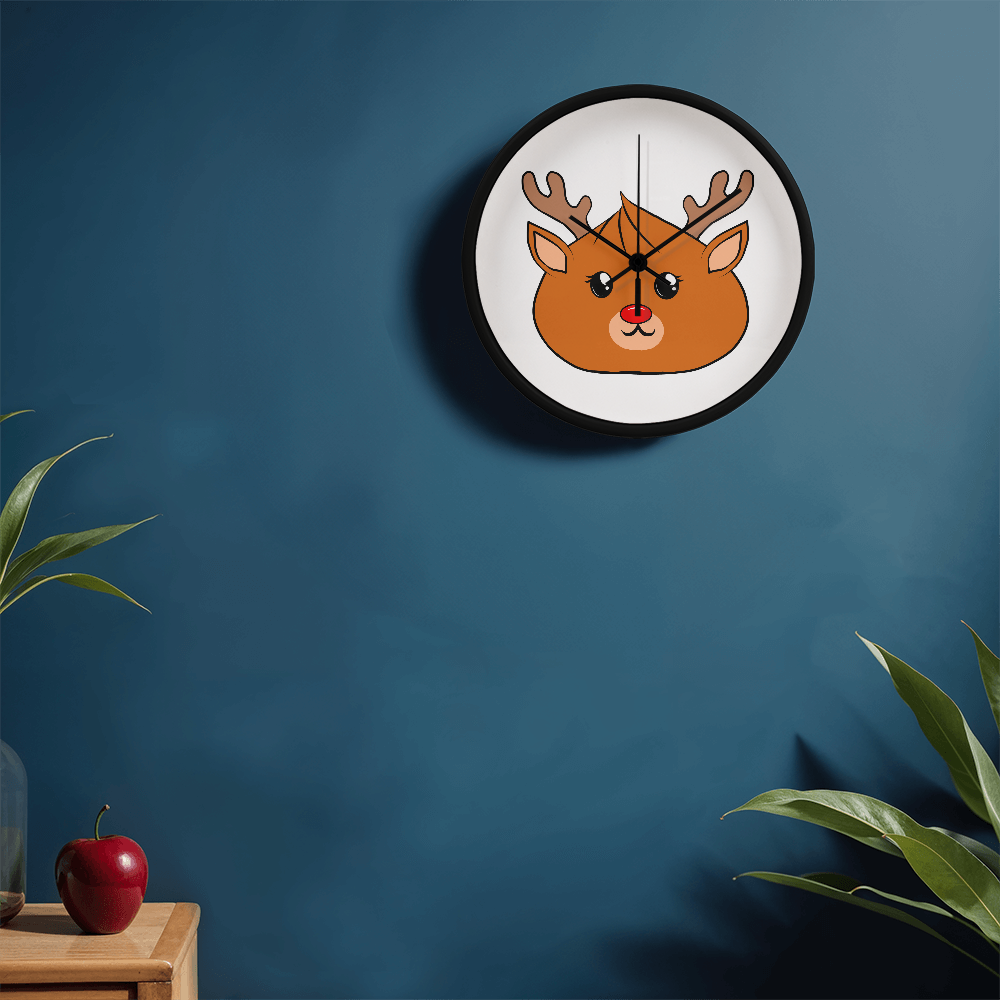Kawaii Reindeer Dumpling Wall Clock – 10” Holiday Wood Frame Clock with Red-Nosed Reindeer Face, Cute Christmas Decor for Kids or Animal Lovers