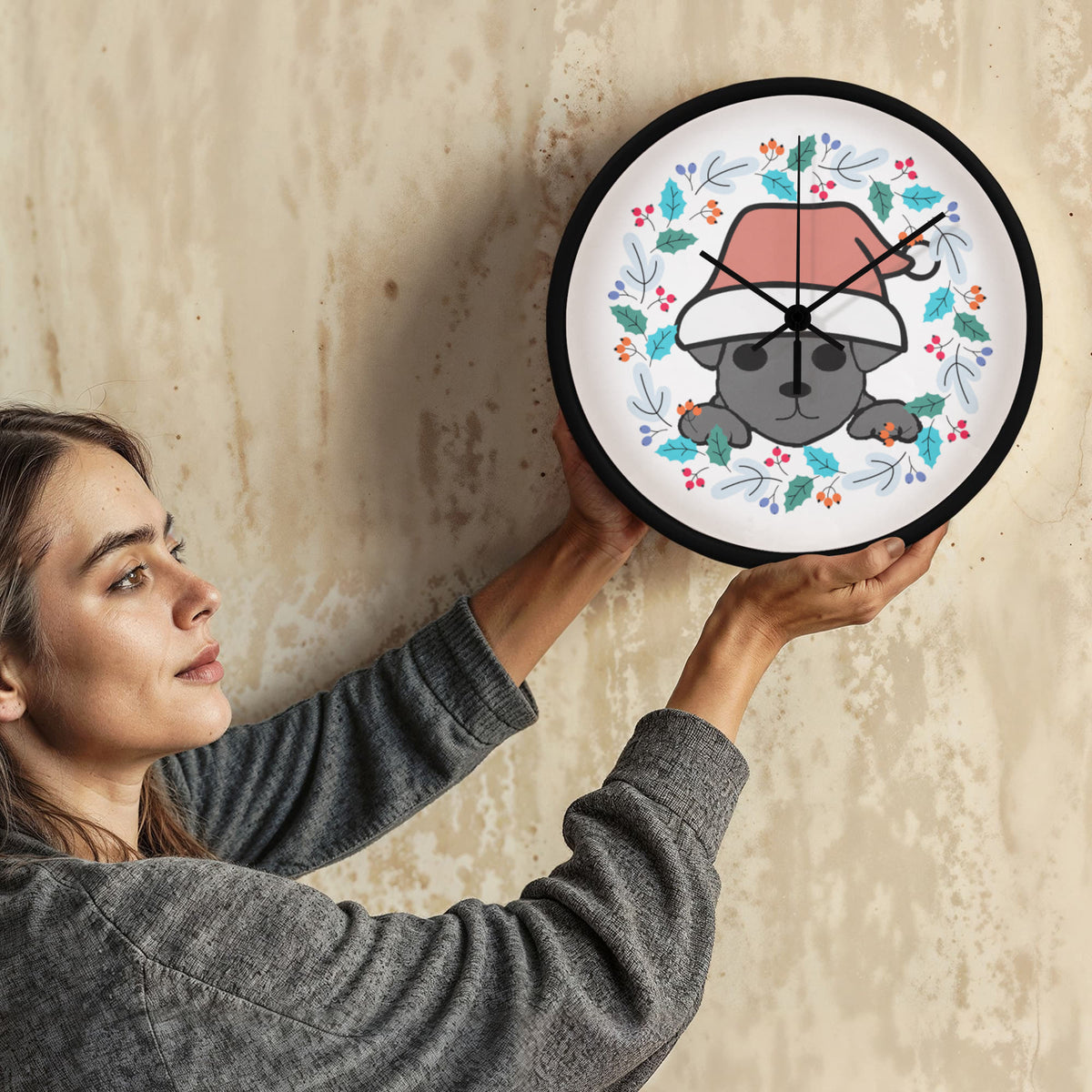 Chiweenie Christmas Wall Clock – Santa Hat Dog Holiday Clock