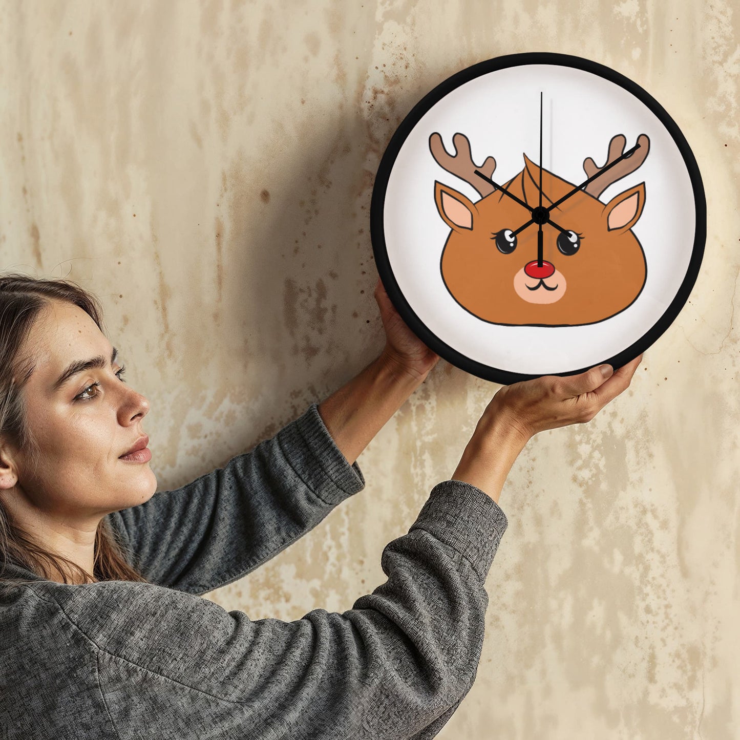 Kawaii Reindeer Dumpling Wall Clock – 10” Holiday Wood Frame Clock with Red-Nosed Reindeer Face, Cute Christmas Decor for Kids or Animal Lovers