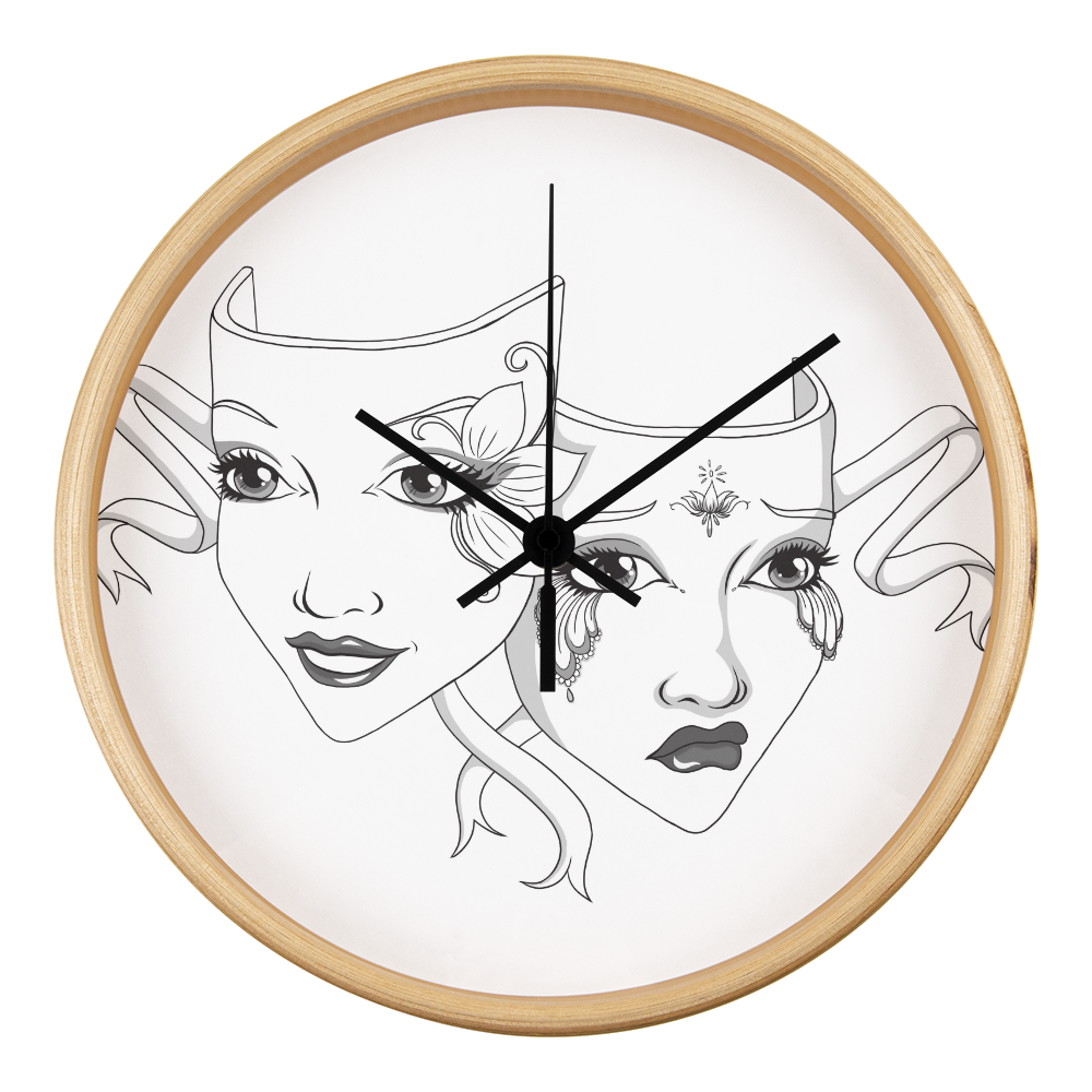 Elegant Drama Mask Wall Clock – 10” Wood Frame Home Decor Gift for Theatre Lovers