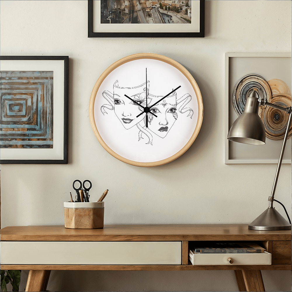 Elegant Drama Mask Wall Clock – 10” Wood Frame Home Decor Gift for Theatre Lovers