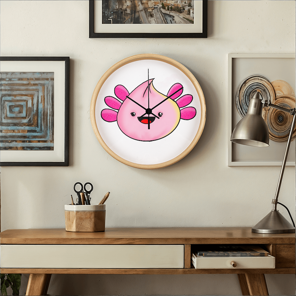 Axolotl Dumpling Wall Clock – 10” Wood Frame Cute Kawaii Axolotl Decor