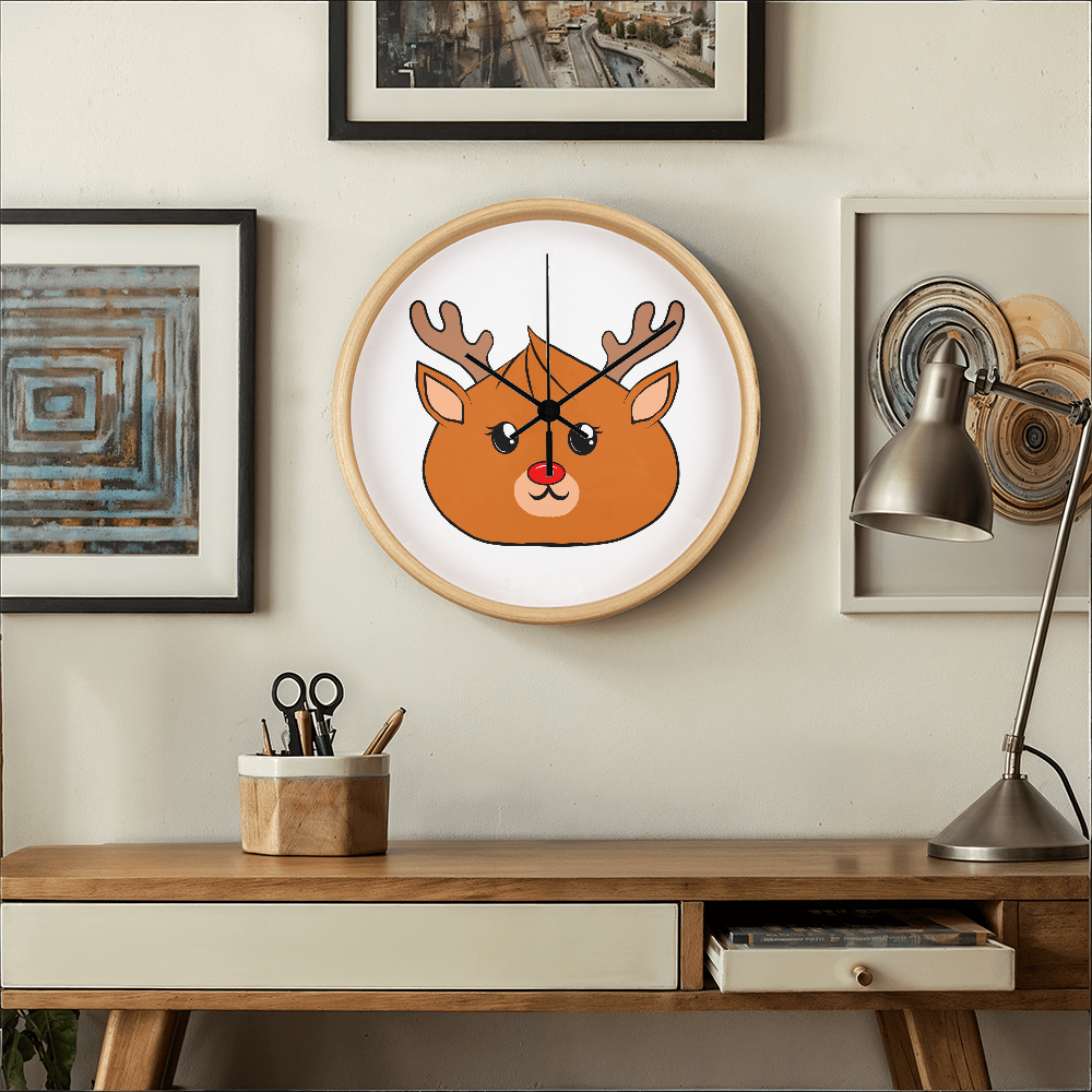 Kawaii Reindeer Dumpling Wall Clock – 10” Holiday Wood Frame Clock with Red-Nosed Reindeer Face, Cute Christmas Decor for Kids or Animal Lovers