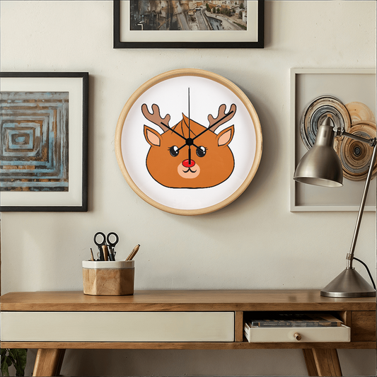 Kawaii Reindeer Dumpling Wall Clock – 10” Holiday Wood Frame Clock with Red-Nosed Reindeer Face, Cute Christmas Decor for Kids or Animal Lovers