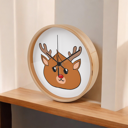 Kawaii Reindeer Dumpling Wall Clock – 10” Holiday Wood Frame Clock with Red-Nosed Reindeer Face, Cute Christmas Decor for Kids or Animal Lovers