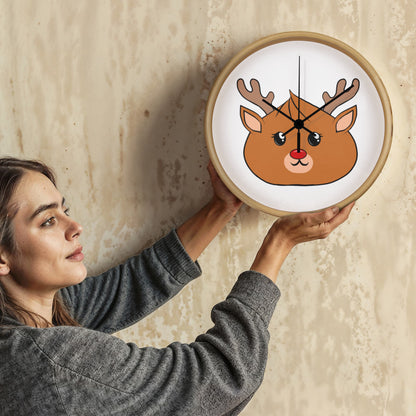 Kawaii Reindeer Dumpling Wall Clock – 10” Holiday Wood Frame Clock with Red-Nosed Reindeer Face, Cute Christmas Decor for Kids or Animal Lovers
