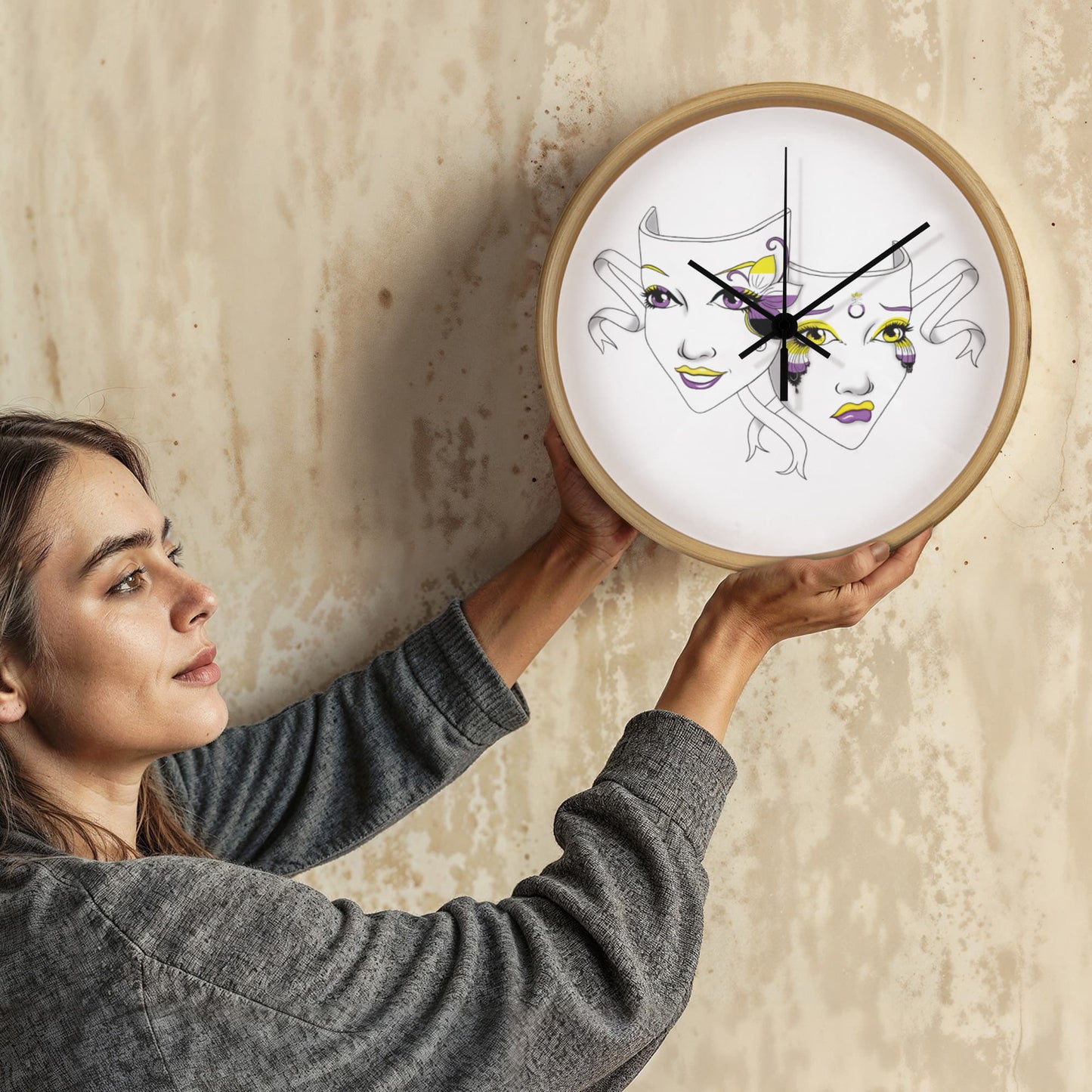 Non-Binary Pride Comedy Tragedy Theatre Mask Wall Clock