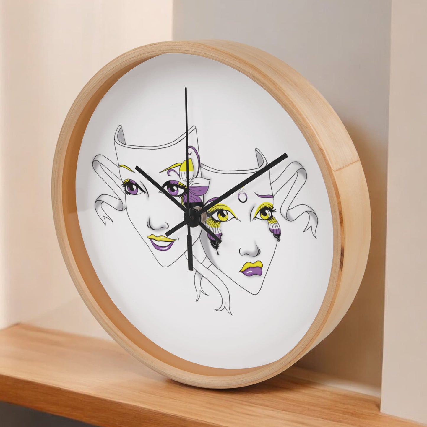 Non-Binary Pride Comedy Tragedy Theatre Mask Wall Clock
