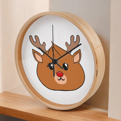 Kawaii Reindeer Dumpling Wall Clock – 10” Holiday Wood Frame Clock with Red-Nosed Reindeer Face, Cute Christmas Decor for Kids or Animal Lovers