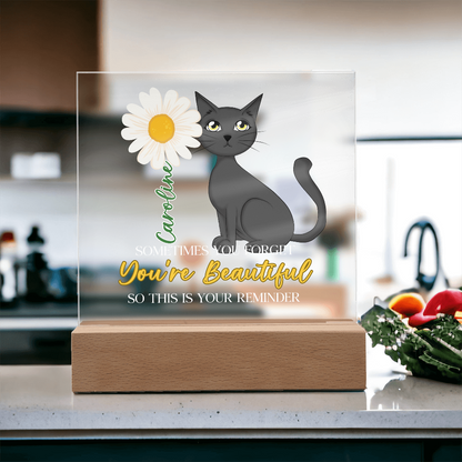 Custom Name Gift Affirmation LED Acrylic Plaque – “You're Beautiful” Cat Lover Gift, Inspirational Light Decor