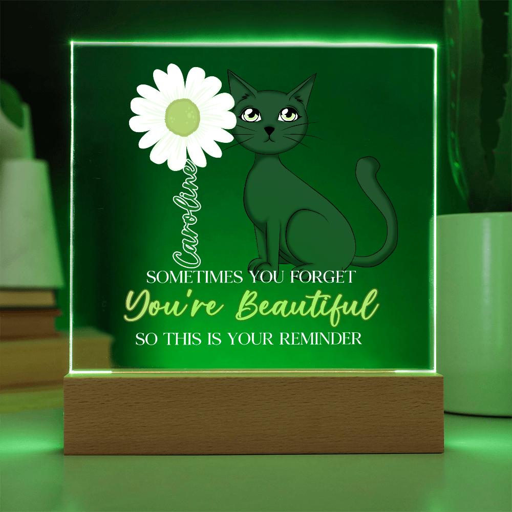 Custom Name Gift Affirmation LED Acrylic Plaque – “You're Beautiful” Cat Lover Gift, Inspirational Light Decor